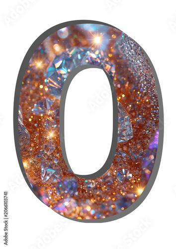 Dazzling glittering number zero featuring sparkling jewels and shimmering textures, perfect for festive designs, luxury branding, or elegant celebratory projects requiring vibrant radiance