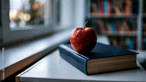 A vibrant polished red apple rests gracefully on top of a classic dark blue hardcover book capturing the essence of academic study and intellectual pursuit today.