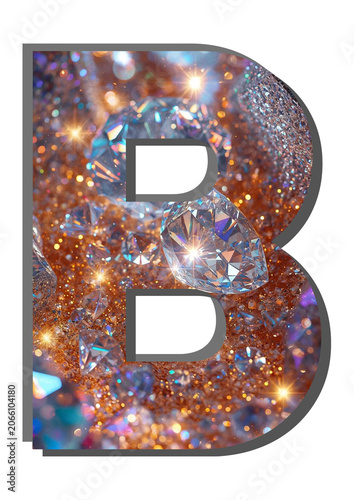 Dazzling capital letter B shimmering with an exquisite blend of golden glitter and brilliant diamonds, creating a luxurious and sparkling design element for opulent branding
