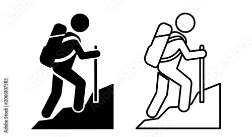Fotografi Hiker climbing upward path icon set with climbing mountain backpack trekking