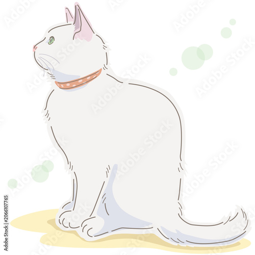 Side view of a white cat sitting and looking upwards. The cat is wearing a collar with red polka dots. Vector illustration in line drawing, isolated on white background.
