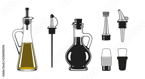 Bild auf Leinwand Glass oil and vinegar dispensers with pourer spouts.