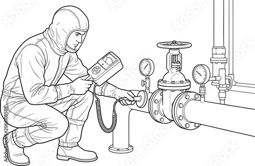 Technical Line Art Illustration of Nuclear Technician with Geiger Counter