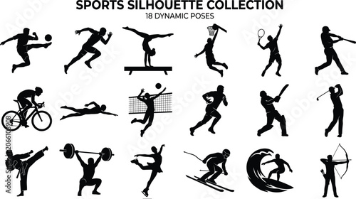 Sticker Set of diverse sports silhouettes featuring dynamic athletic poses for various a