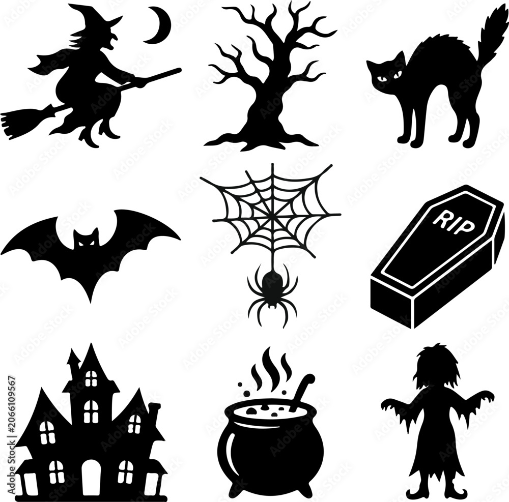 Fototapeta premium Set of Halloween Silhouette Icons, Scary Elements Including Witch, Haunted House, Bat and Spider Isolated on White