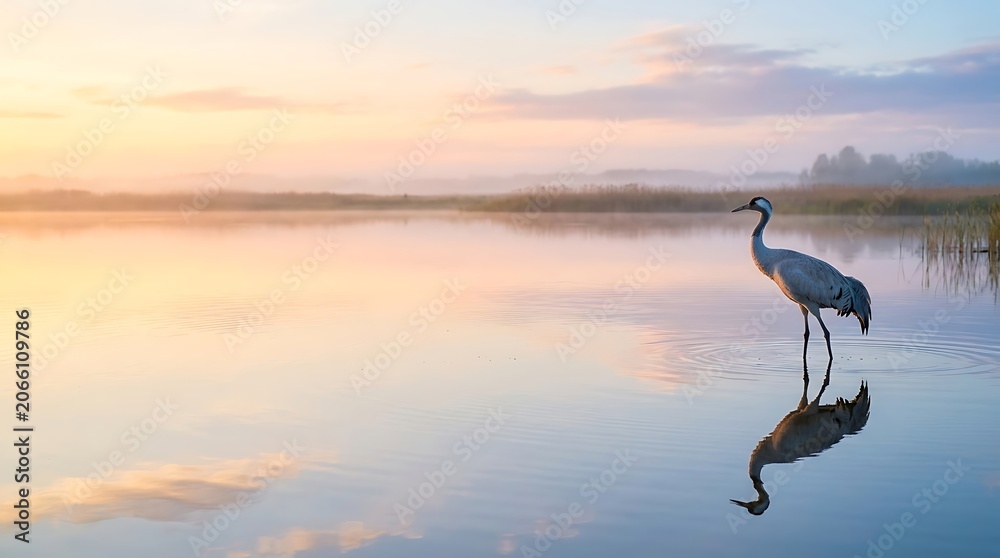 Fototapeta premium Serene crane reflected in calm lake water at dawn