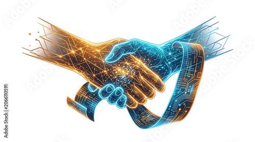 Futuristic digital handshake between orange and blue glowing hands