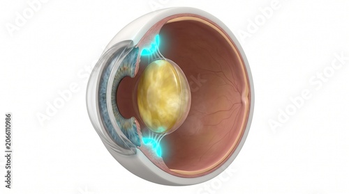 3D Anatomical Diagram of Presbyopia with Inflexible Lens and Ciliary Muscles