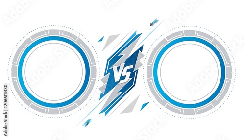 Blue and white abstract circular design with arrows.