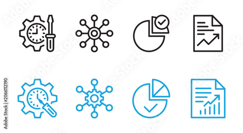 Set of business and finance icons. Gear clock, network connection, pie chart with checkmark, analytics report graph, document file. Workflow planning tools.