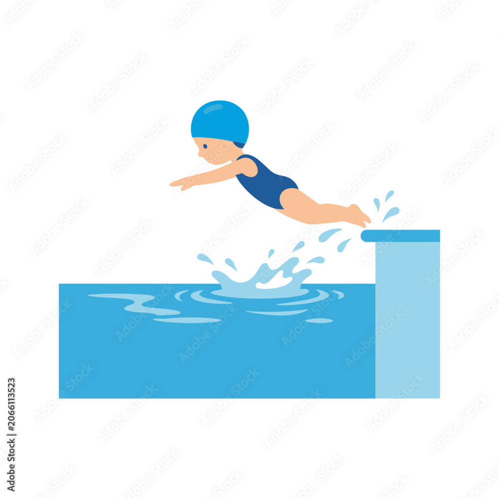 Obraz premium Child Jumping Into Swimming Pool Flat Vector Illustration for Summer Aquatic Sport Activity