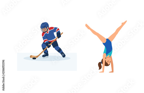 Photography Young Children Participating in Ice Hockey and Artistic Gymnastics Sports Vector