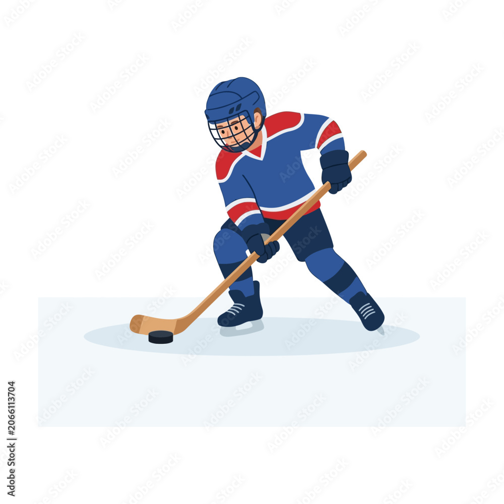Obraz premium Professional Ice Hockey Player Dribbling Puck on Winter Rink Illustration