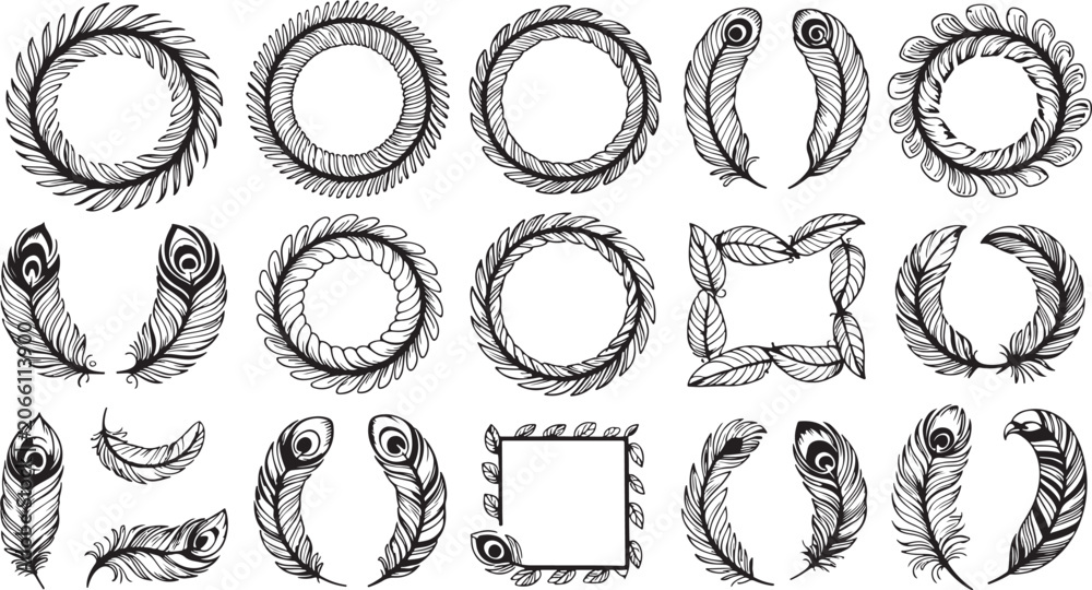 Fototapeta premium Assortment of decorative frames and individual feather featuring peacock feathers and leaf motifs in a hand-drawn black and white style