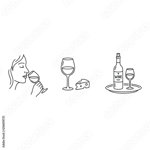 Wine tasting sommelier smelling glass bottle cheese editable vector line illustration