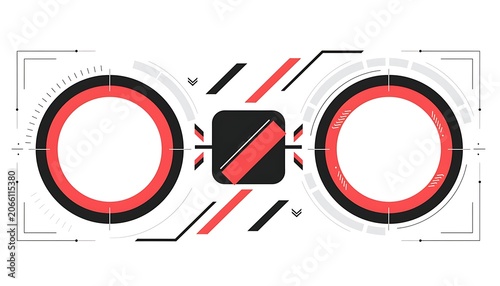 Abstract red and black geometric design with circles.