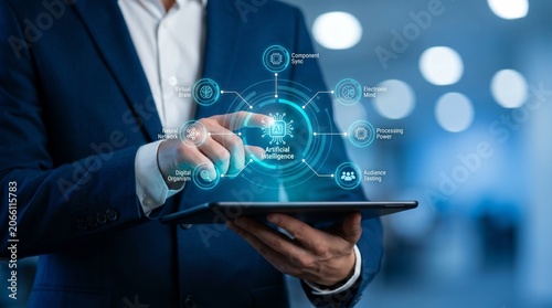 Business professional interacting with futuristic AI hologram technology in modern office setting