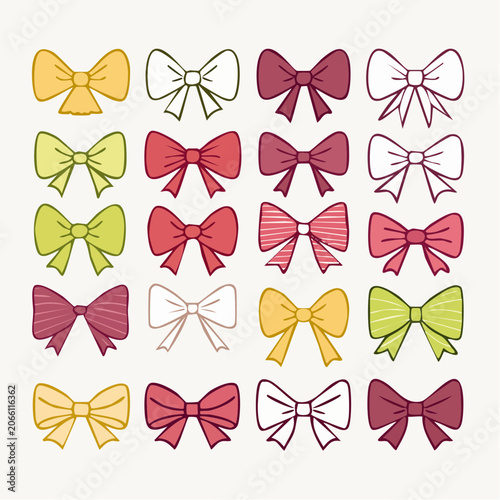 Collection of Hand-Drawn Bows in Various Colors and Styles