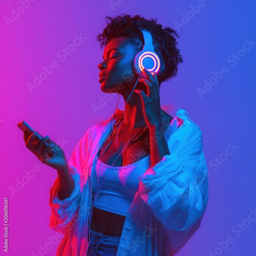 Young Woman Listening to Music Wearing Neon Headphones in Colorful Studio