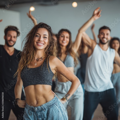 Happy Young Woman Wearing Sports Bra and Jeans Smiling in Fitness Class with Group of People