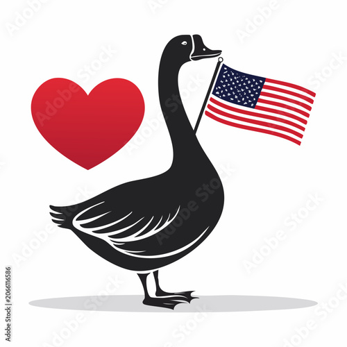 Goose Holding American Flag with Heart Symbol