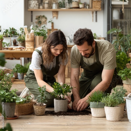 Young Man and Woman Gardening in Indoor Plant Shop with Greenery and Natural Light