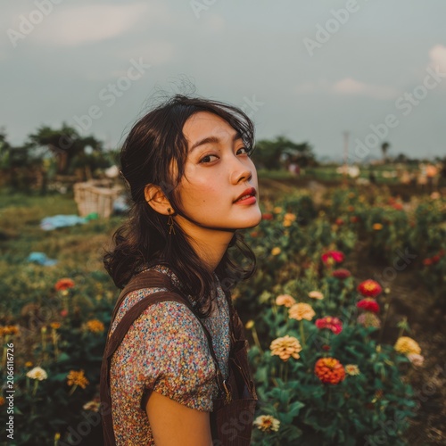 Young Woman with Dark Hair Wearing Floral Top Standing in Colorful Flower Garden Outdoor