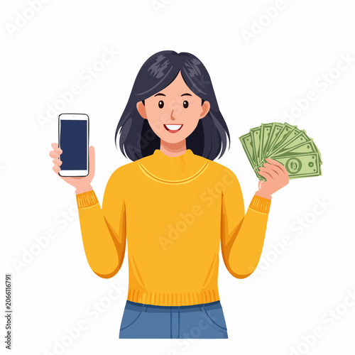 Woman Holding Smartphone and Money