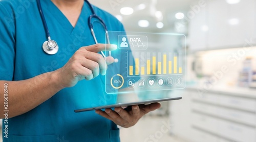 Doctor Examining Interactive Medical Hologram Display in Modern Clinic