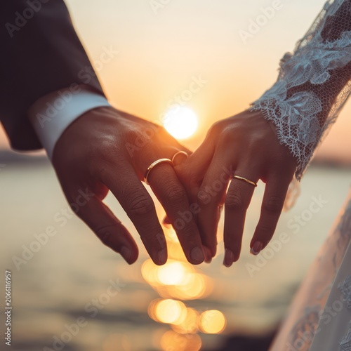 Couple Holding Hands During Sunset Romantic Beach Scene in Warm Lighting