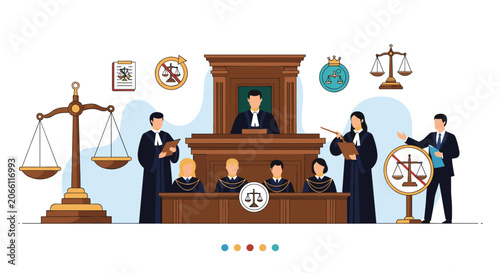 Judicial system scene features a presiding judge and legal team in a courtroom accompanied by symbolic scales of justice and law icons.