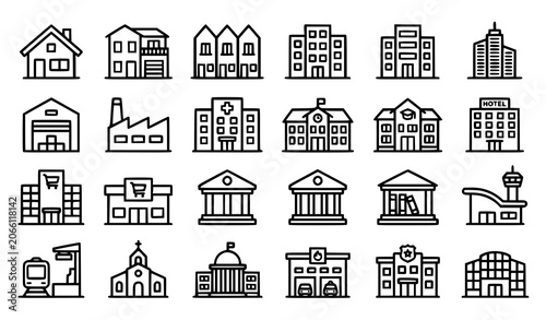 Architecture and Building Outline Icons Set with Urban Residential and Commercial Structures