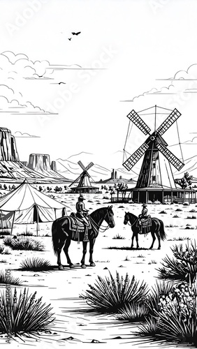 A black-and-white illustration of a desert landscape with two horseback riders, windmills, and a tent
