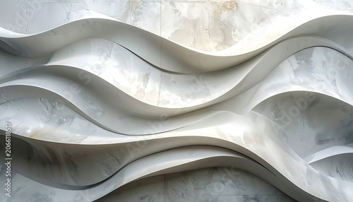 A 3D wavy, white, abstract architectural detail against a marbled background
