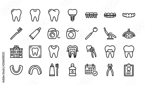 Dental and Oral Healthcare Outline Icons Set with Tooth Treatment Symbols