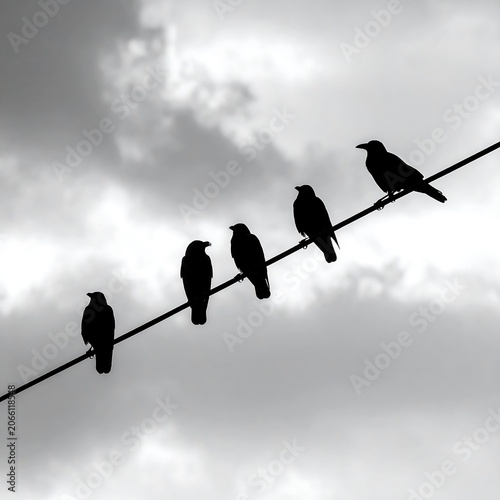A black and white photograph of five birds perched on a single wire against a cloudy sky