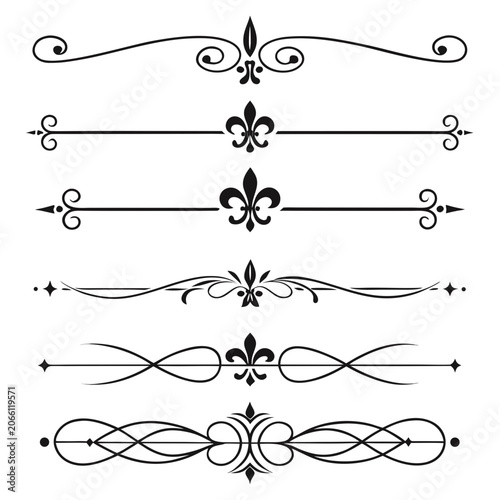 Foto Set of black fleur de lis decorative line rules.