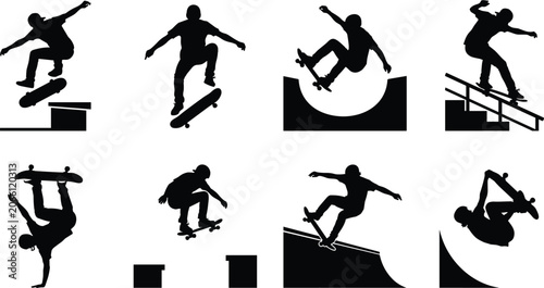 Canvastavla Skateboarding Tricks and Extreme Sports Silhouette Collection Vector Set