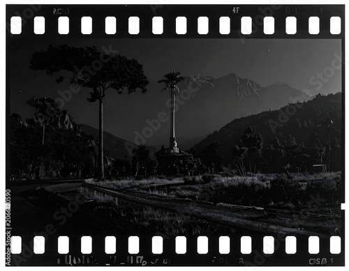 A black-and-white landscape photo of a serene mountainous area with palm trees