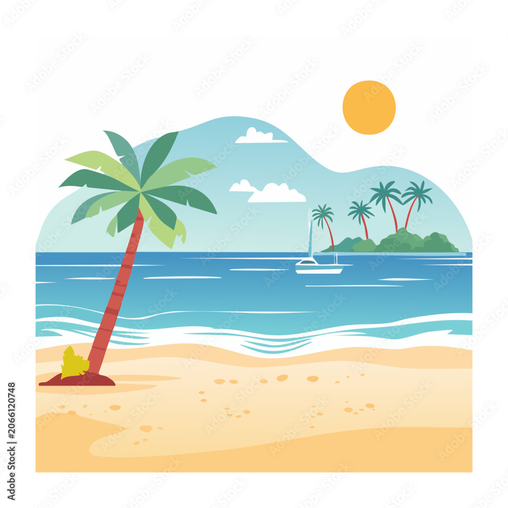 Obraz premium Tropical beach illustration with palm trees and sailboat