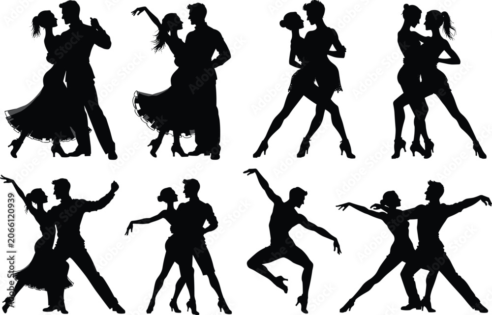 Obraz premium Collection of ballroom dance couple silhouettes in elegant poses, romantic Latin and tango dancers isolated on white background, professional performance vector set