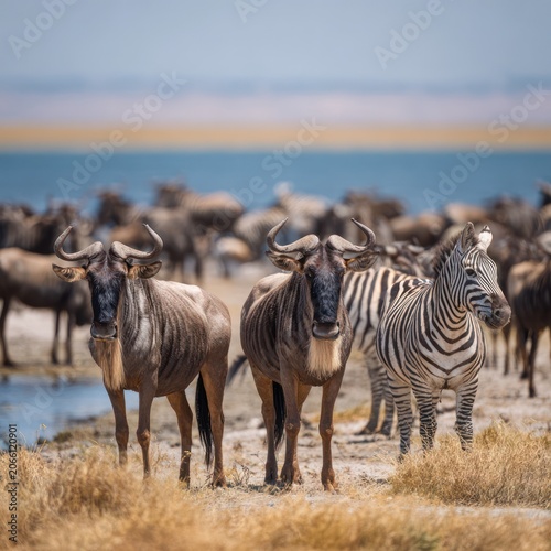 Wild Water Buffalo and Zebra Herd on Savanna by Lake in Natural Landscape