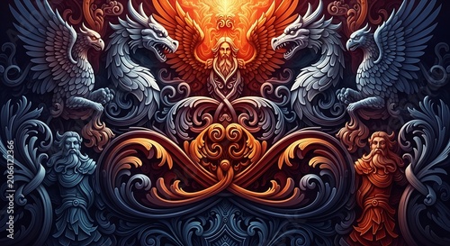 Abstract digital art with fiery dragon and cosmic elements.