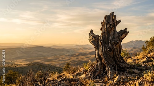 Ancient tree stump in a vast desert mountain landscape at sunset