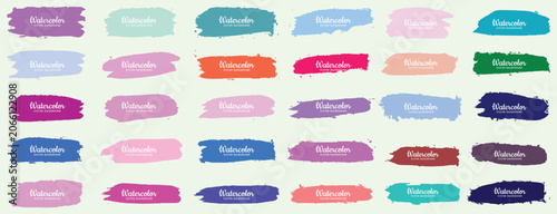 Photos Colorful paint brush stroke label collection featuring artistic banner shapes, textured swatches, and creative highlight elements