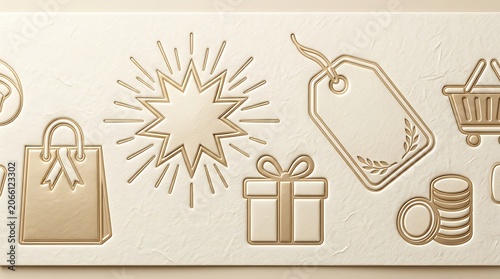 Elegant gold embossed shopping and retail icons on textured paper