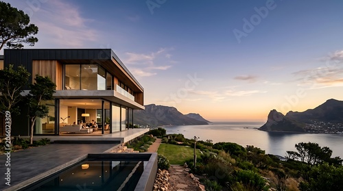 Modern coastal villa with panoramic ocean views at sunset