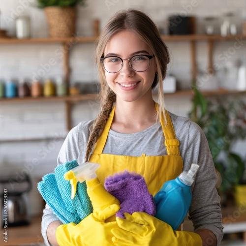 Young Woman Cleaning in Bright Kitchen Wearing Yellow Apron Glasses Smiling