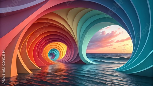 Abstract Colorful 3D Tunnel Over Ocean Water with Sunset Sky Background