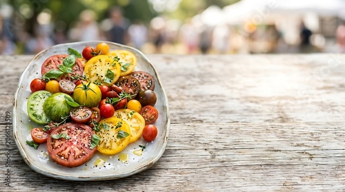 Fresh heirloom tomato salad on a rustic wooden table